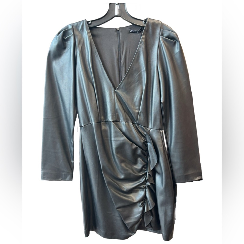 ZARA Faux Leather long sleeve mini dress with ruffle in black NWT, Size medium🖤 - Picture 3 of 9